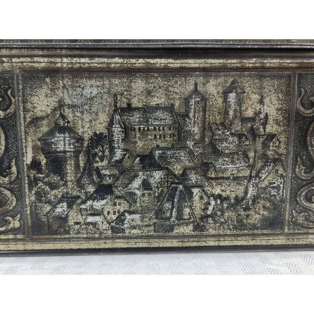 Vintage German Silver Tin Biscuit Box Knight Jousting Castles Horse History